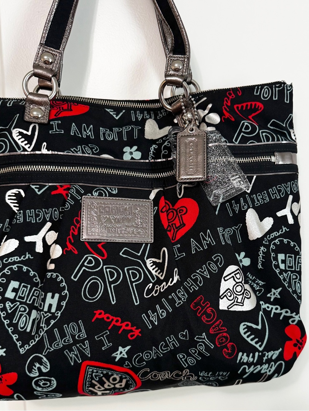 Coach Poppy 2010 Graffiti Glam Tote Shoulder Bag Black Red Silver Style 13852 - Picture 7 of 16